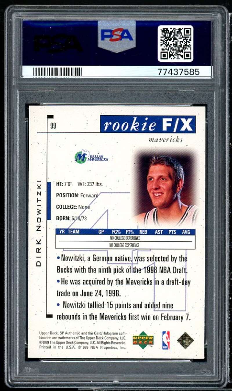 Dirk Nowitzki Rookie Card 1998-99 SP Authentic #99 PSA 10 Image 2