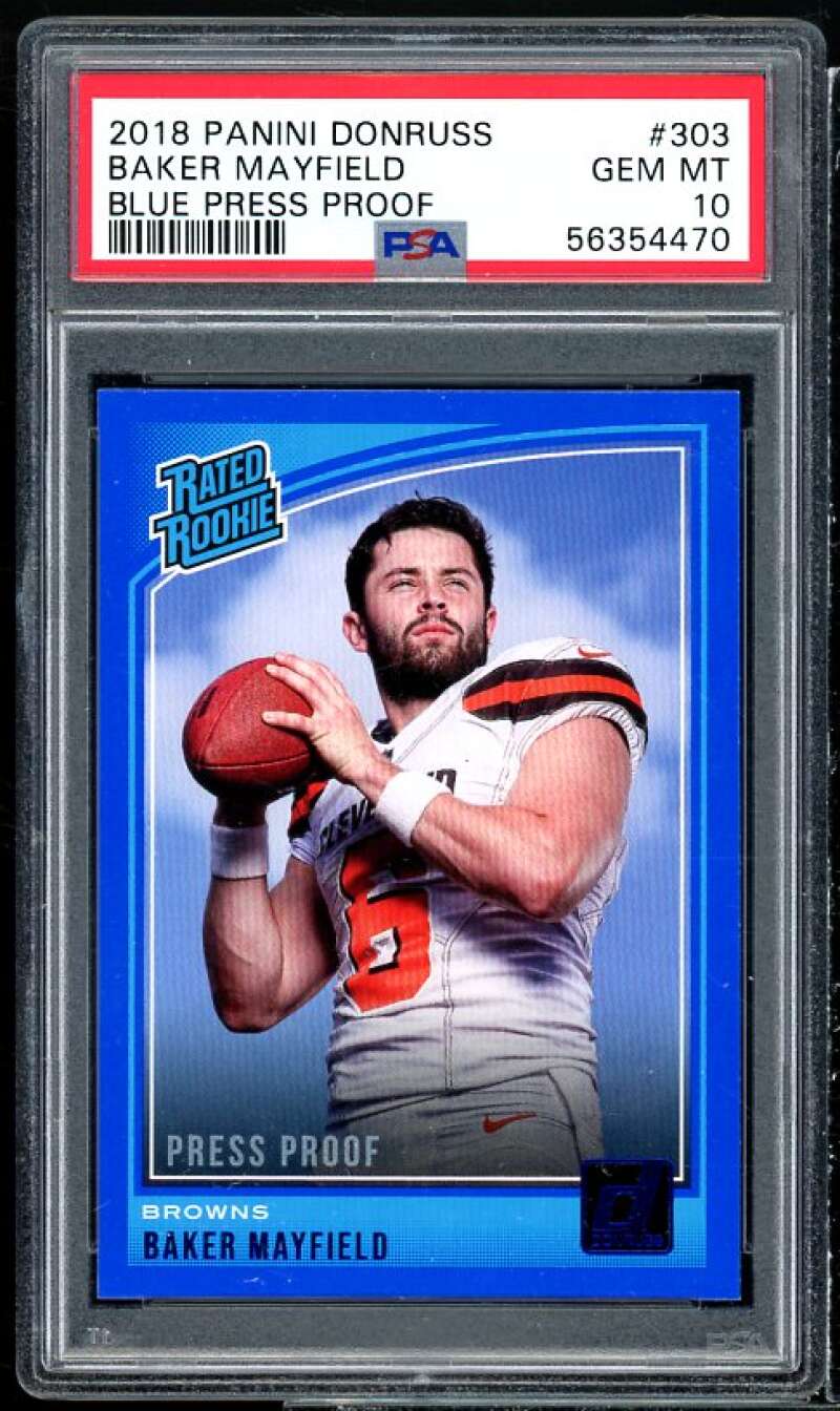 Baker Mayfield Rookie Card 2018 Donruss Press Proof Blue #303 PSA 10 Image 1