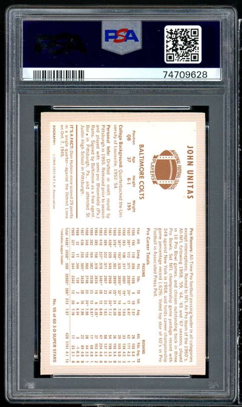 Johnny Unitas Card 1970 Kellogg's #55 PSA 8 Image 2