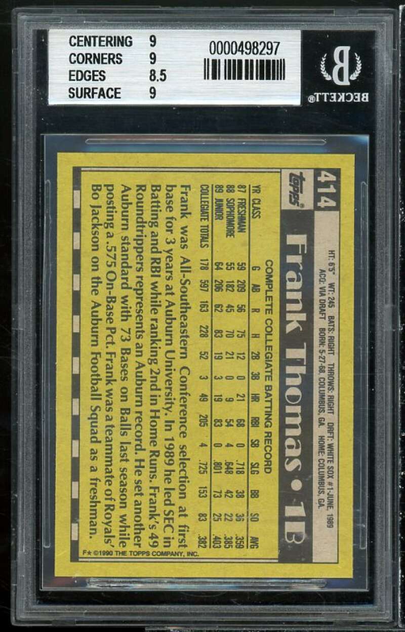 Frank Thomas Rookie Card 1990 Topps #414 BGS 9 (9 9 8.5 9) Image 2