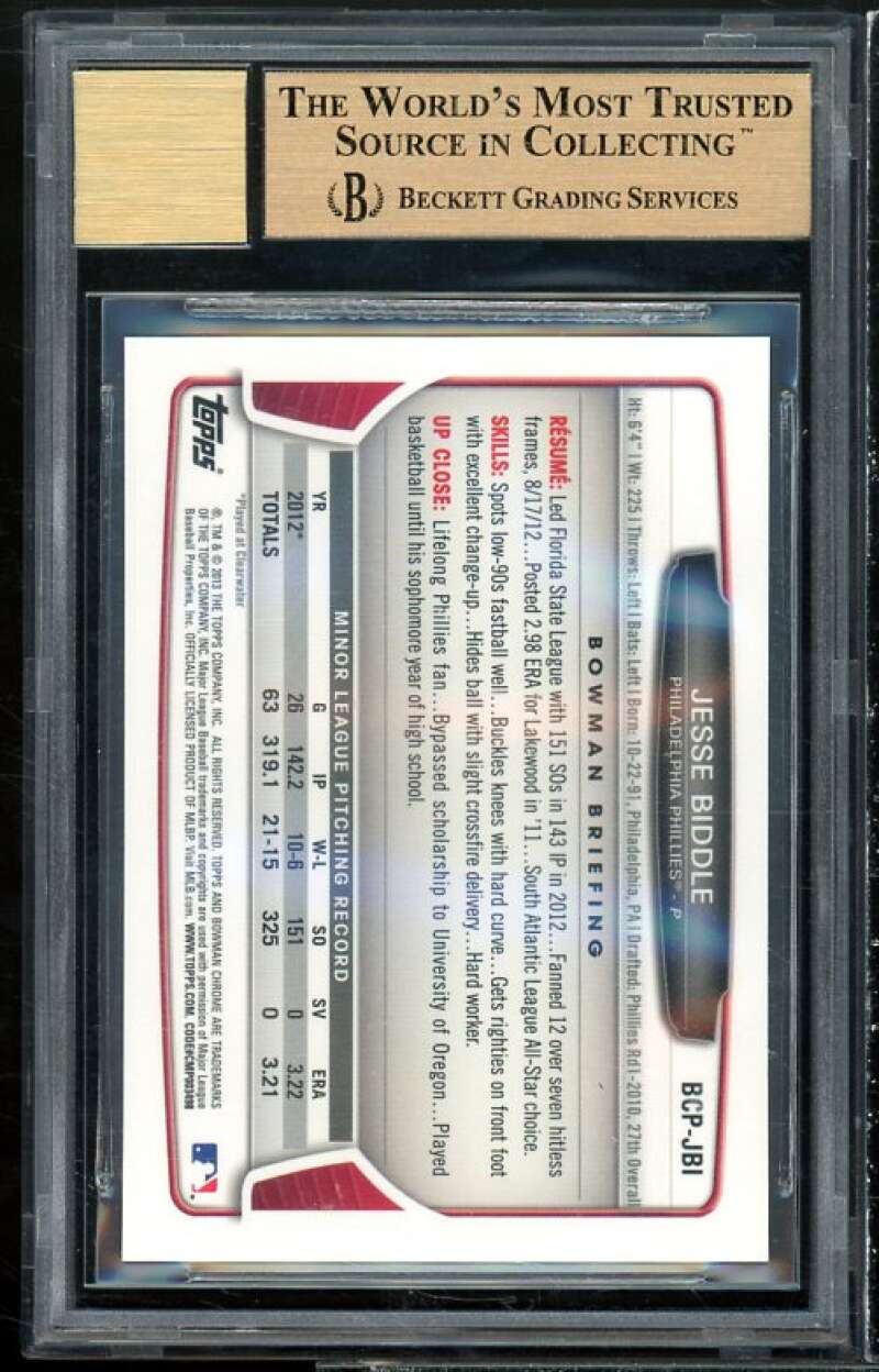 Jesse Biddle Rookie Card 2013 Bowman Chrome Prospect Autographs #BCP-JBI BGS 9.5 Image 2