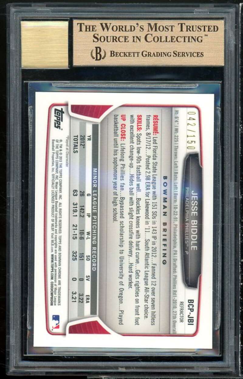 Jesse Biddle Rookie 2013 Bowman Chrome Prospect Auto Blue Ref #BCP-JBI BGS 9.5 Image 2