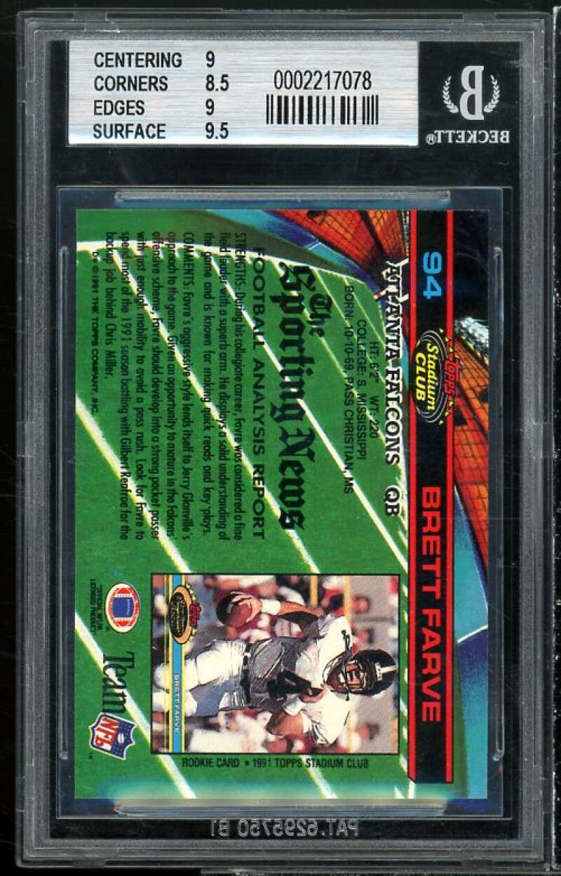 Brett Favre Rookie Card 1991 Stadium Club #94 BGS 9 (9 8.5 9 9.5) Image 2