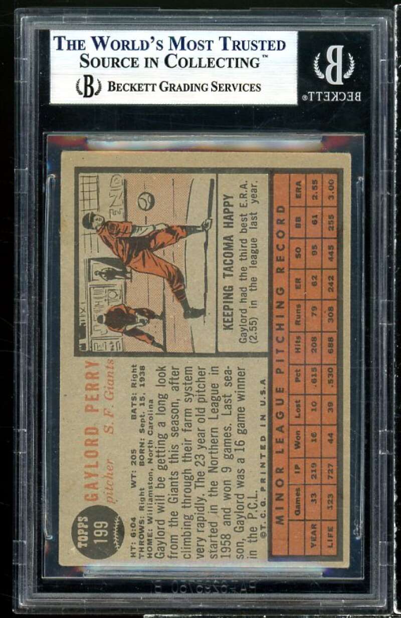 Gaylord Perry Rookie Card 1962 Topps #199 BGS BVG Authentic Autograph Image 2