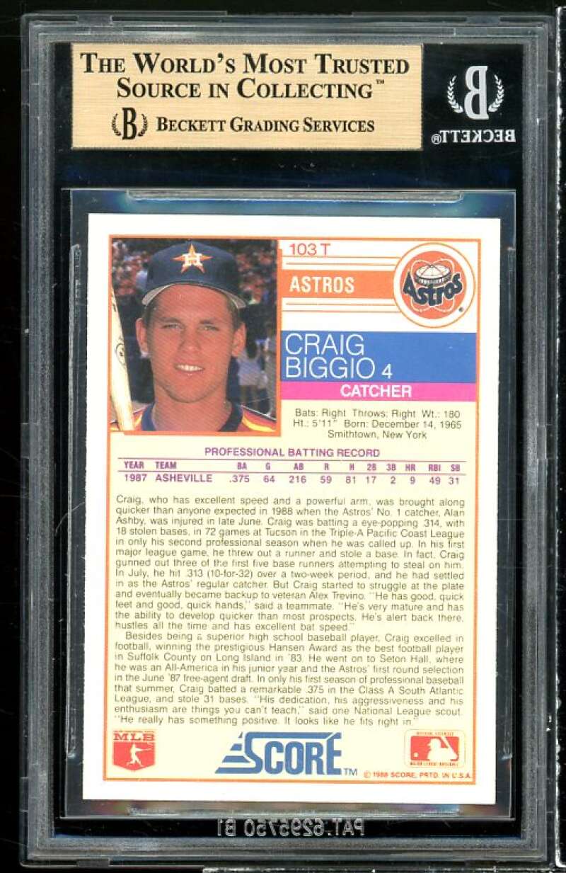 Craig Biggio Rookie Card 1988 Score Rookie/Traded #103T BGS 9.5 (9 9.5 9.5 9.5) Image 2