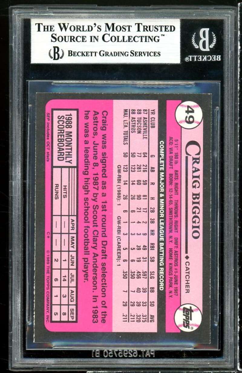 Craig Biggio Rookie Card 1989 Topps Tiffany #49 BGS 9 (9 9 9 9) Image 2