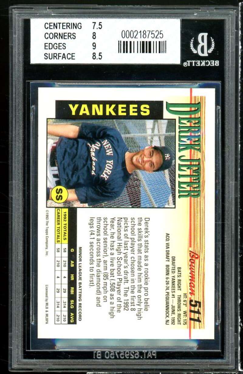 Derek Jeter Rookie Card 1993 Bowman #511 BGS 8 (7.5 8 9 8.5) Image 2