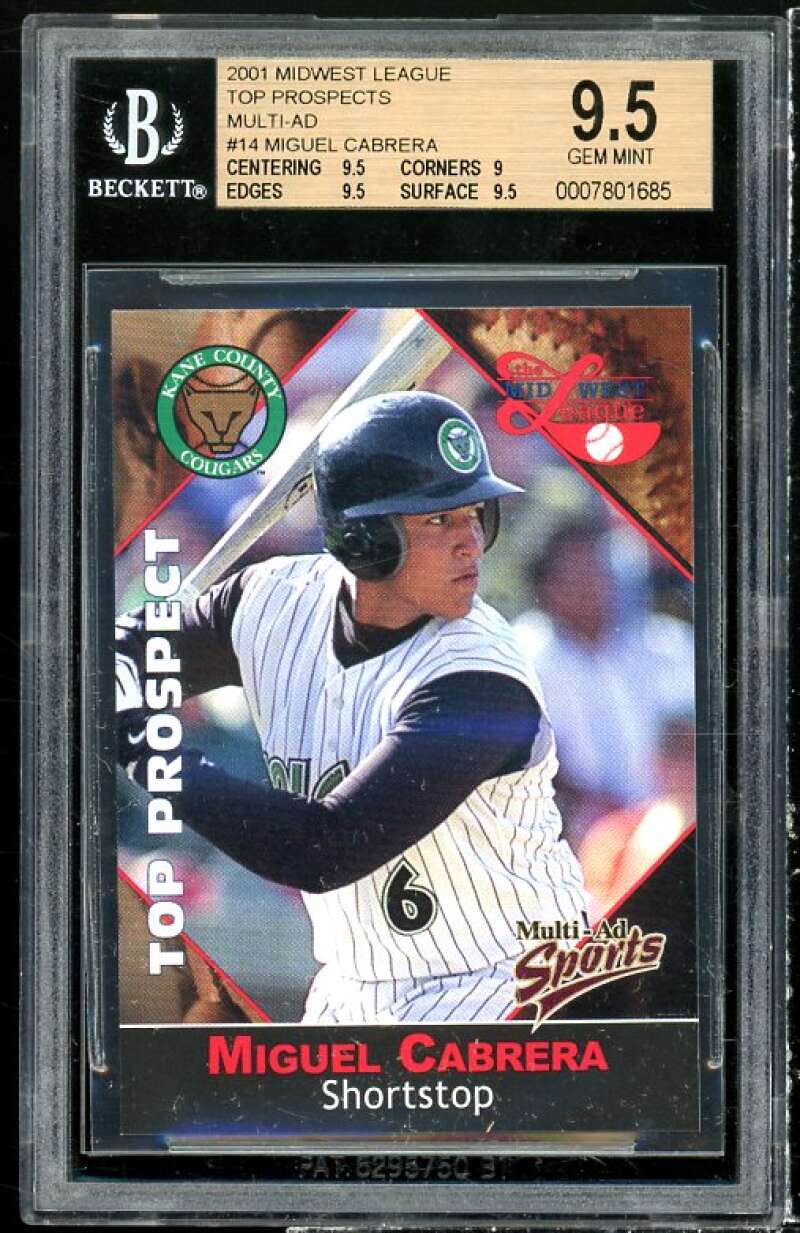 Miguel Cabrera Rookie 2001 Multi-Ad Midwest League Top Prospects #14 BGS 9.5 Image 1