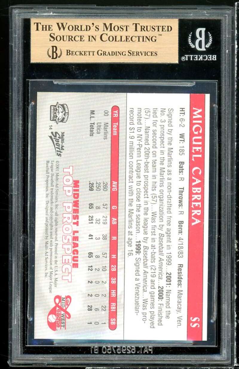 Miguel Cabrera Rookie 2001 Multi-Ad Midwest League Top Prospects #14 BGS 9.5 Image 2