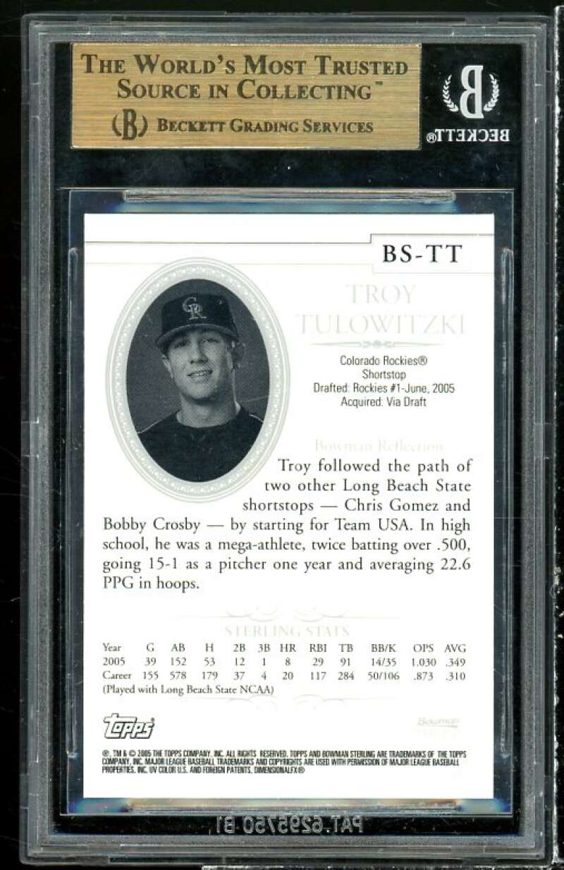 Troy Tulowitzki Rookie Card 2005 Bowman Sterling #TT BGS 9.5 (10 9.5 9 9.5) Image 2