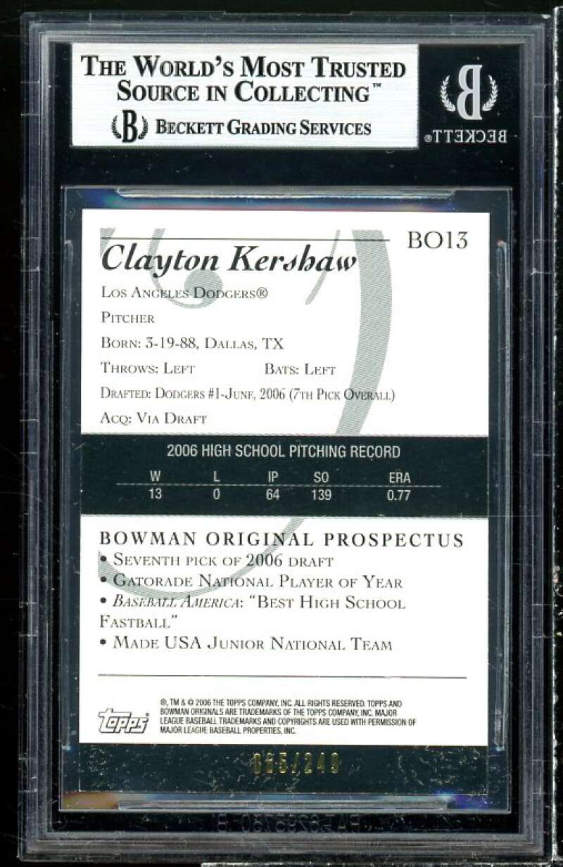 Clayton Kershaw Rookie 2006 Bowman Originals Prospects #13 BGS 8.5 (9.5 8.5 9 8) Image 2