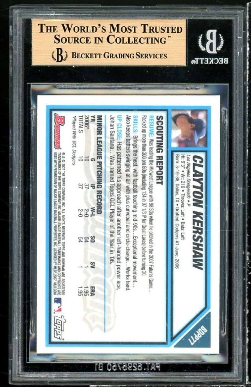 Clayton Kershaw Rookie Card 2007 Bowman Draft Futures Game Gold #77 BGS 9.5 Image 2