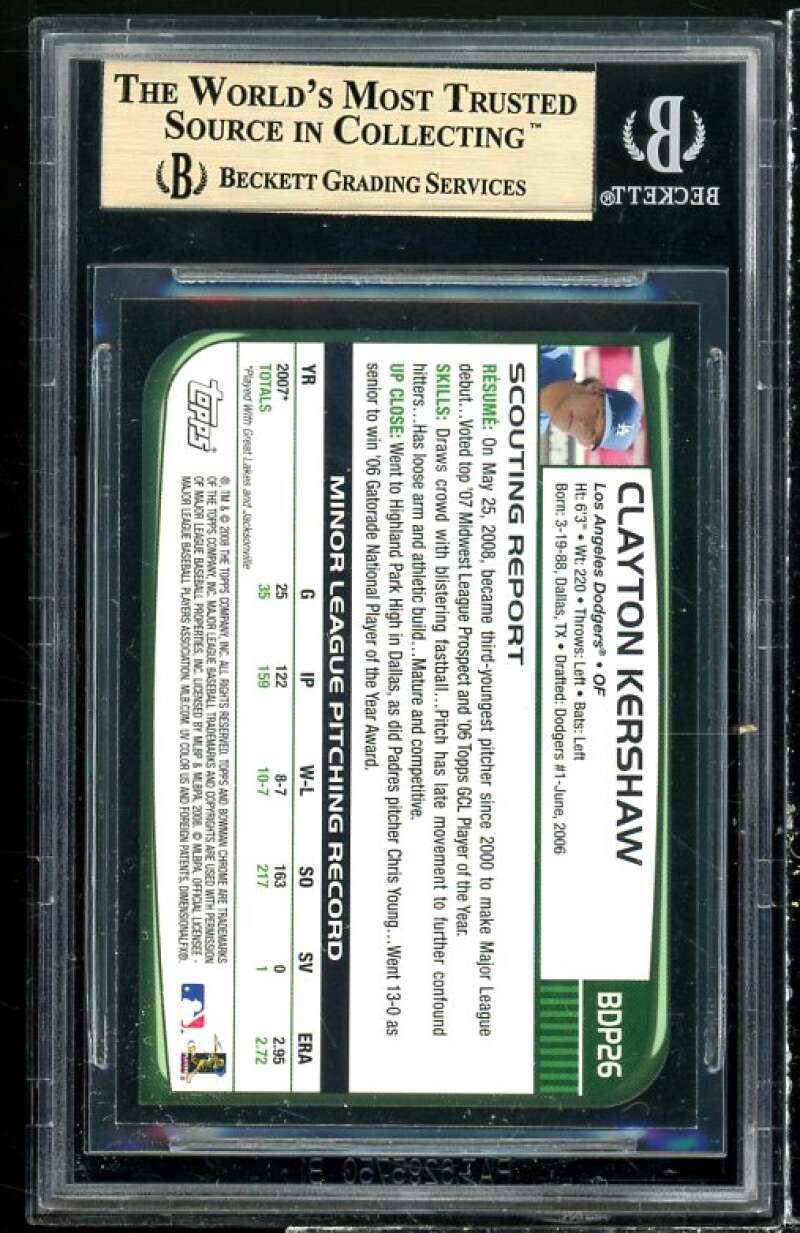 Clayton Kershaw Rookie 2008 Bowman Chrome Draft #BDP26A BGS 9.5 Image 2