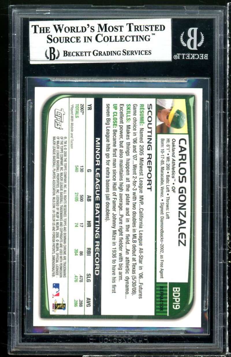 Carlos Gonzalez Rookie Card 2008 Bowman Chrome Draft Refractors #BDP19 BGS 9 Image 2