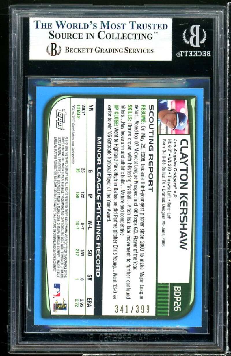 Clayton Kershaw Rookie Card 2008 Bowman Blue #BDP26 BGS 8.5 (9.5 8.5 8 9.5) Image 2