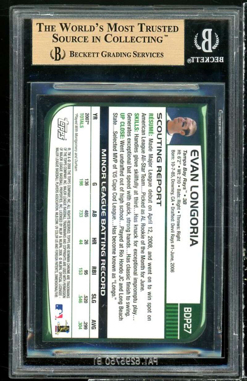 Evan Longoria Rookie 2008 Bowman Draft Chrome #BDP27 (pop 3) (PRISTINE) BGS 10 Image 2