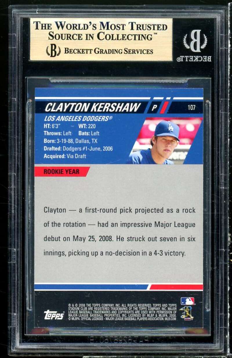 Clayton Kershaw Rookie Card 2008 Stadium Club #107A BGS 9.5 Image 2