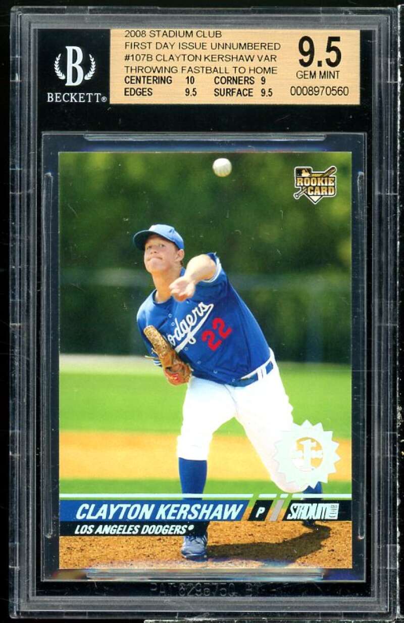 Clayton Kershaw Rookie 2008 Topps Stadium Club First Day Issue #107B BGS 9.5 Image 1