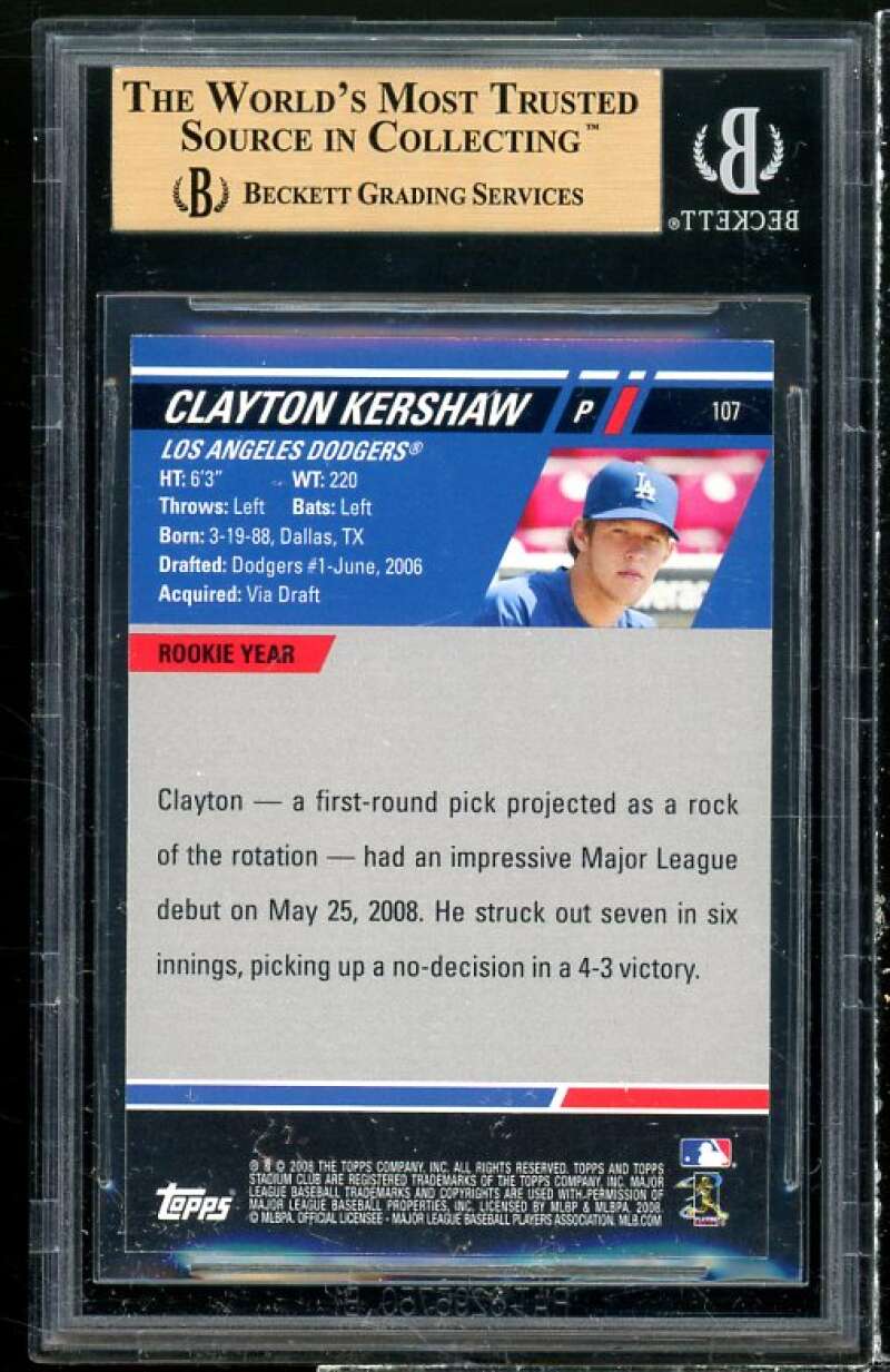 Clayton Kershaw Rookie 2008 Topps Stadium Club First Day Issue #107B BGS 9.5 Image 2