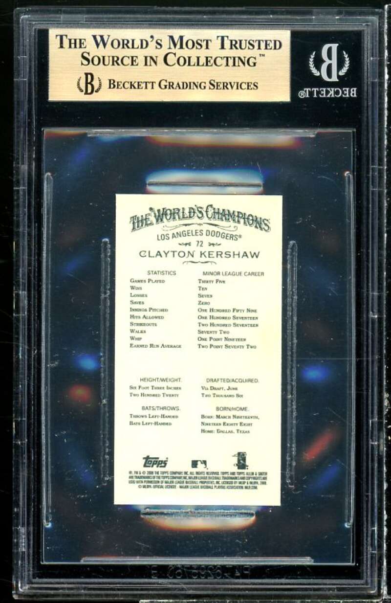 Clayton Kershaw RC 2008 Topps Allen Ginter Minis #72 (pop 3) (PRISTINE) BGS 10 Image 2