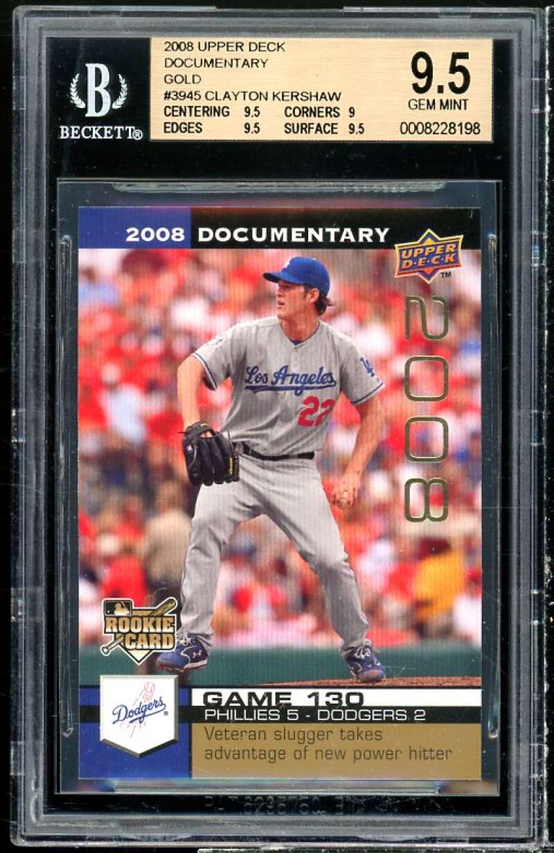 Clayton Kershaw Rookie 2008 Upper Deck Documentary Gold (pop 3) #3945 BGS 9.5 Image 1