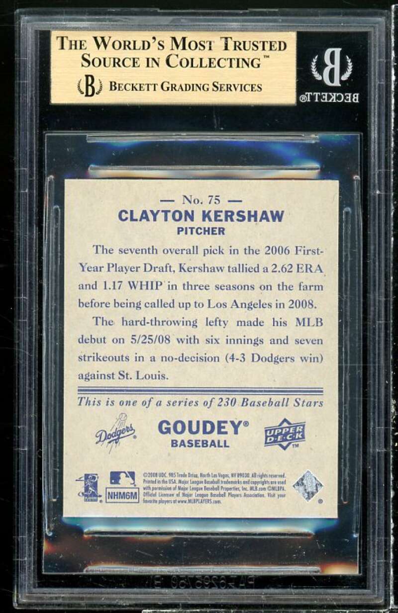 Clayton Kershaw Rookie Card 2008 Upper Deck Goudey Mini Blue Backs #75 BGS 9.5 Image 2