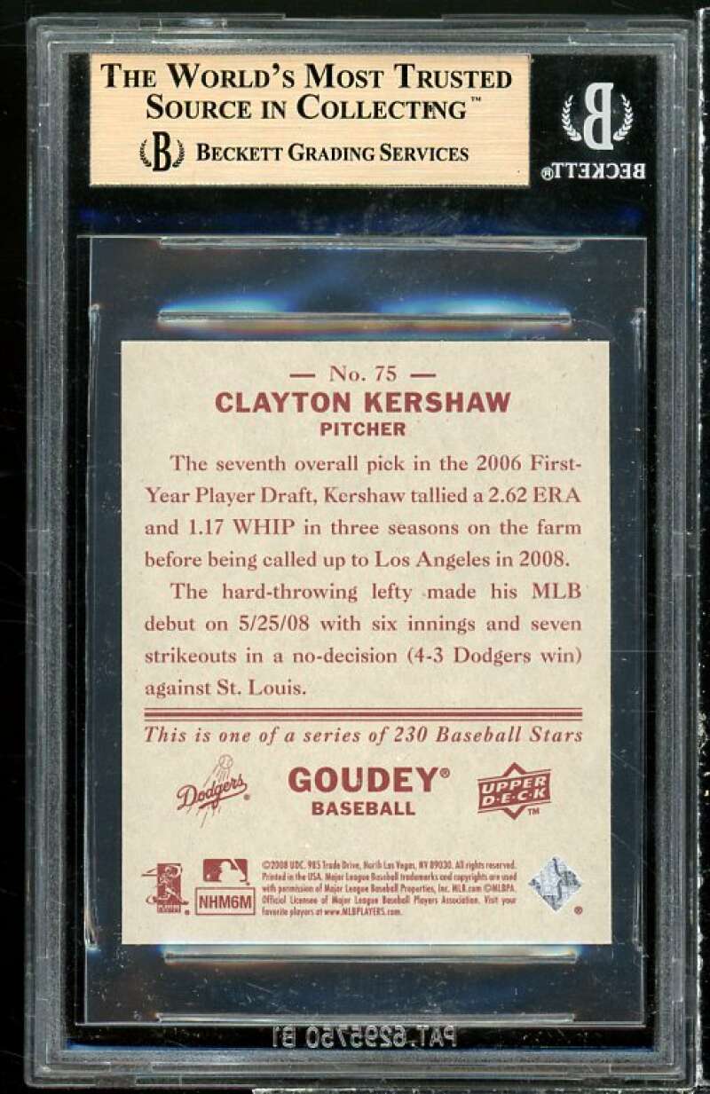 Clayton Kershaw Rookie Card 2008 Upper Deck Goudey Mini Red Backs #75 BGS 9.5 Image 2