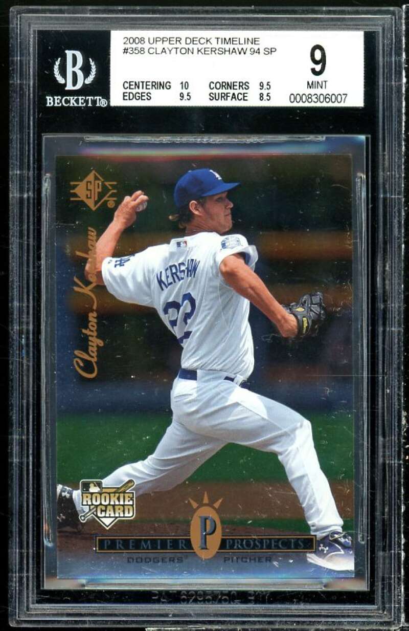 Clayton Kershaw Rookie Card 2008 Upper Deck Timeline #358 BGS 9 (10 9.5 9.5 8.5) Image 1