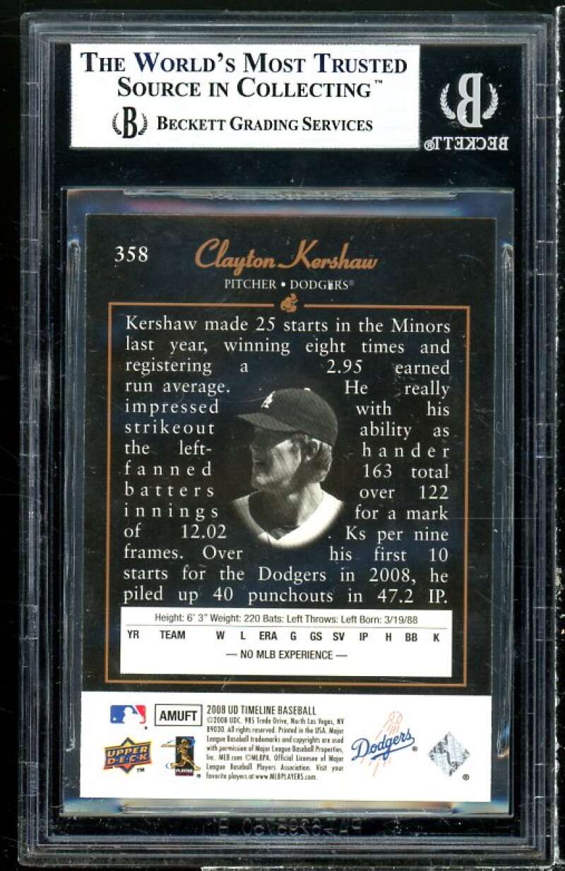 Clayton Kershaw Rookie Card 2008 Upper Deck Timeline #358 BGS 9 (10 9.5 9.5 8.5) Image 2