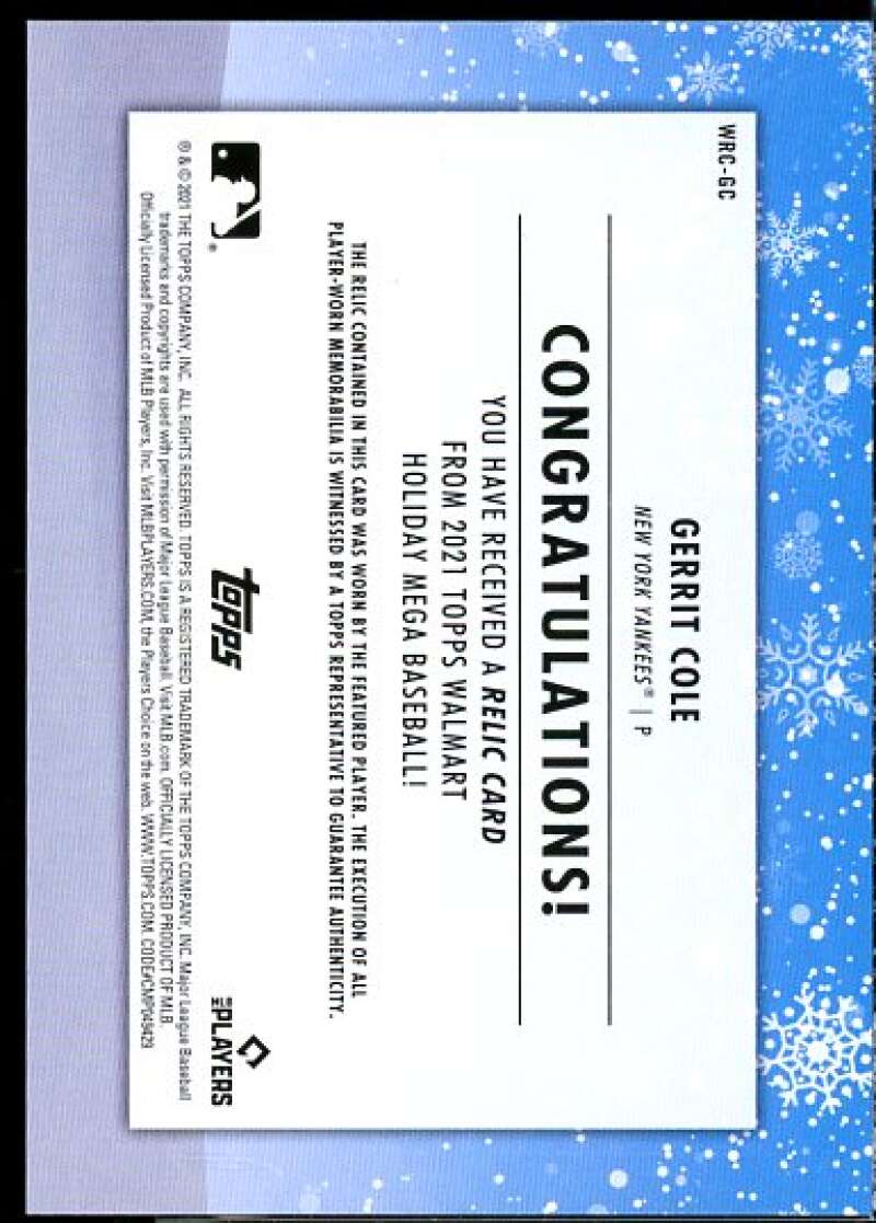 Gerrit Cole Card 2021 Topps Walmart Holiday Relics #WRCGC  Image 2