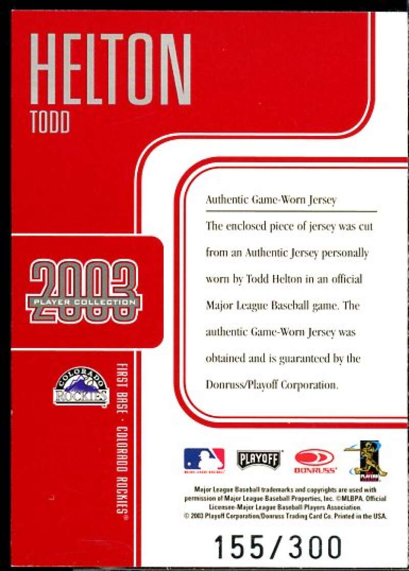 Todd Helton Jsy Card 2003 Studio Player Collection #40  Image 2