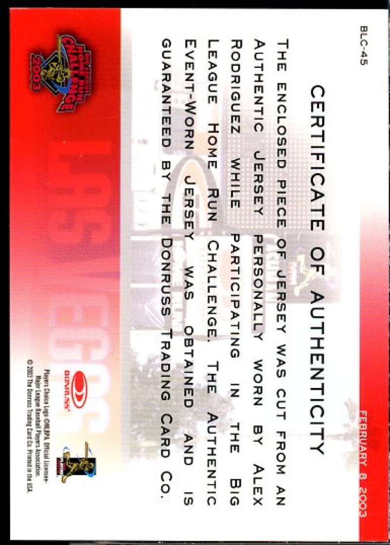 Alex Rodriguez 03 Jsy Card 2003 Studio Big League Challenge Materials #45  Image 2