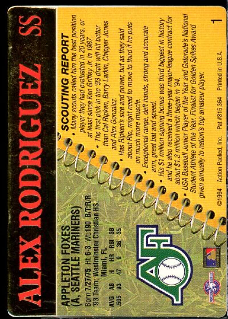 Alex Rodriguez Rookie Card 1994 Action Packed #1  Image 2