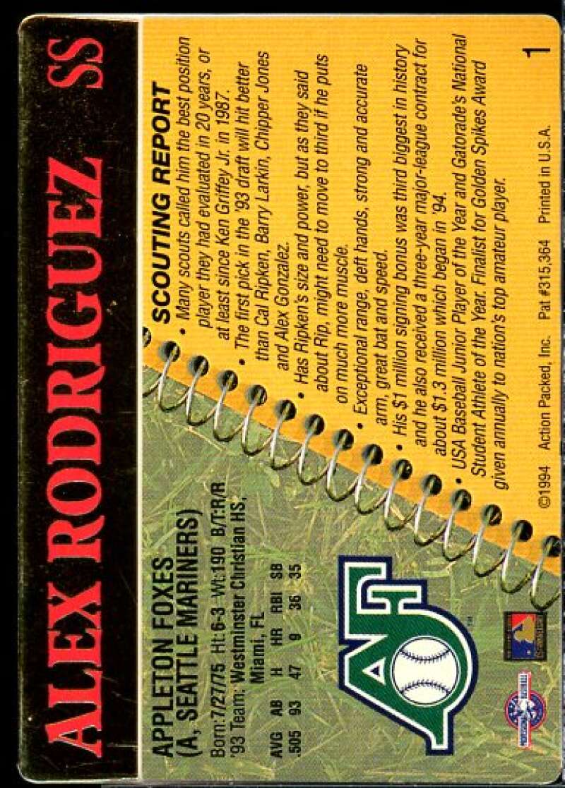 Alex Rodriguez Rookie Card 1994 Action Packed #1  Image 2