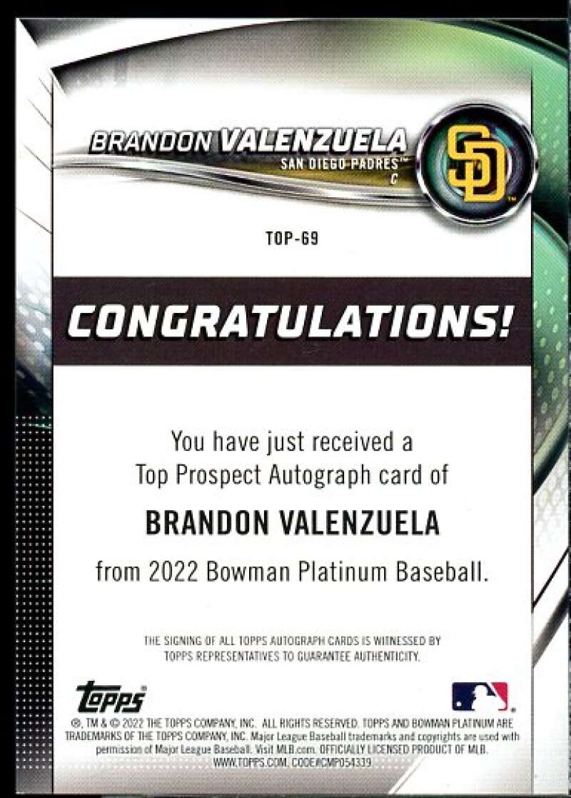Brandon Valenzuela Rookie 2022 Bowman Platinum Top Prospects Autographs #TOP69  Image 2