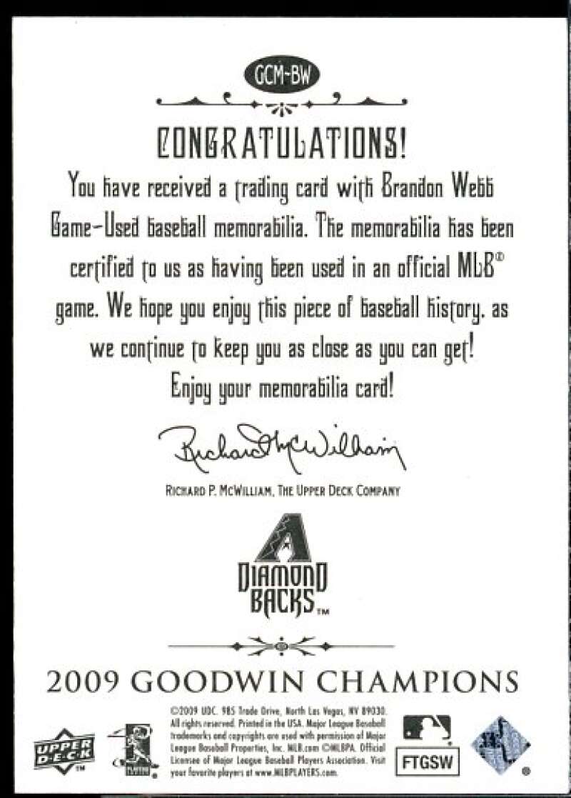 Brandon Webb Card 2009 Upper Deck Goodwin Champions Memorabilia #BW  Image 2