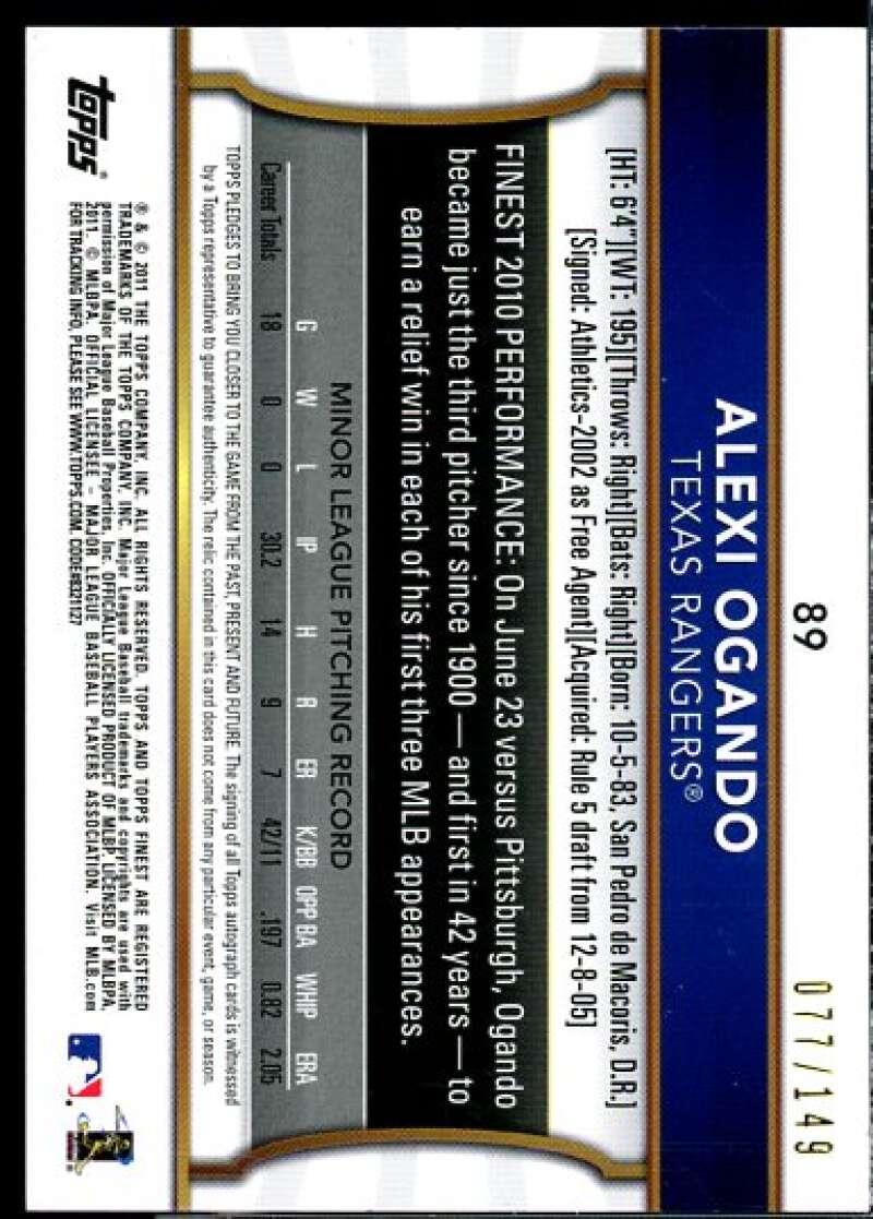 Alexi Ogando Card 2011 Finest Rookie Dual Relic Autographs Green Refractors #89  Image 2