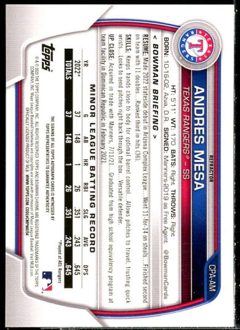 Andres Mesa Rookie 2023 Bowman Chrome Prospect Autographs Refractors #CPAAM  Image 2