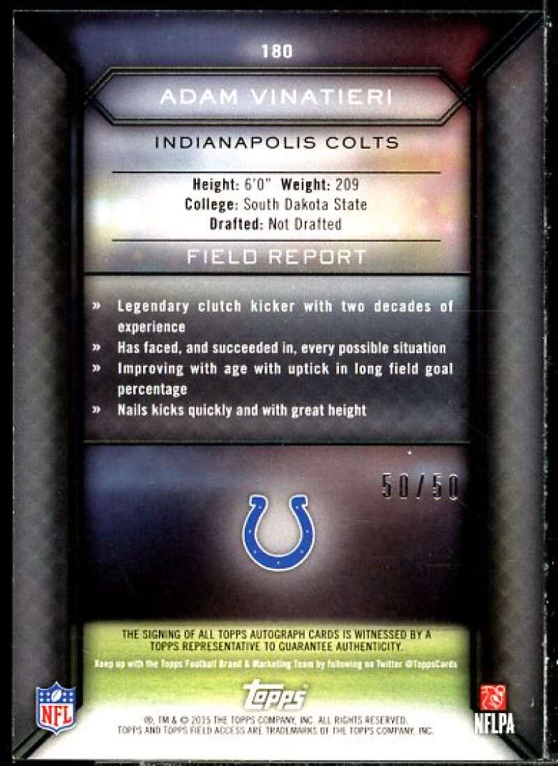 Adam Vinatieri Card 2015 Topps Field Access Autographs Green #180  Image 2