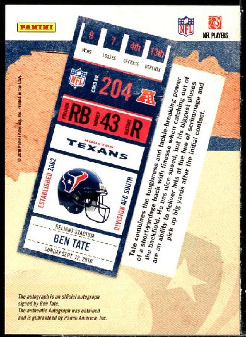 Ben Tate AU RC/cutting pose Rookie Card 2010 Playoff Contenders #204A  Image 2