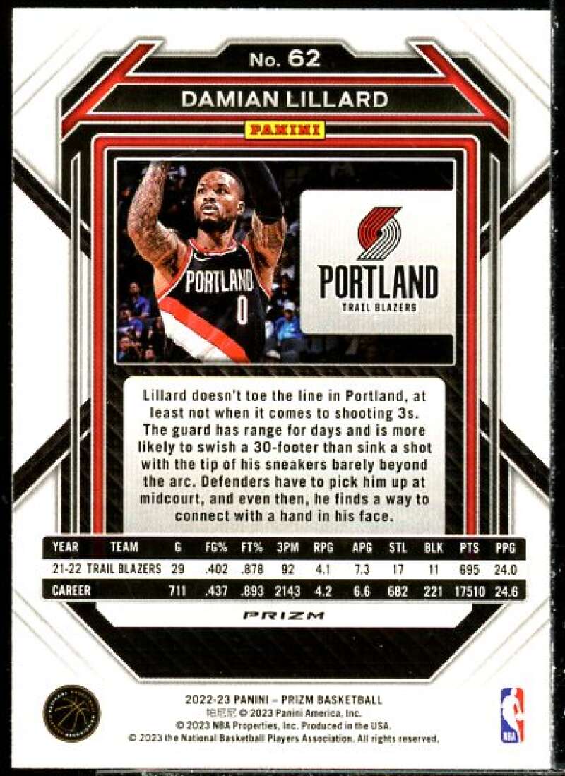 Damian Lillard Card 2022-23 Panini Prizm Prizms Ruby Wave #62  Image 2