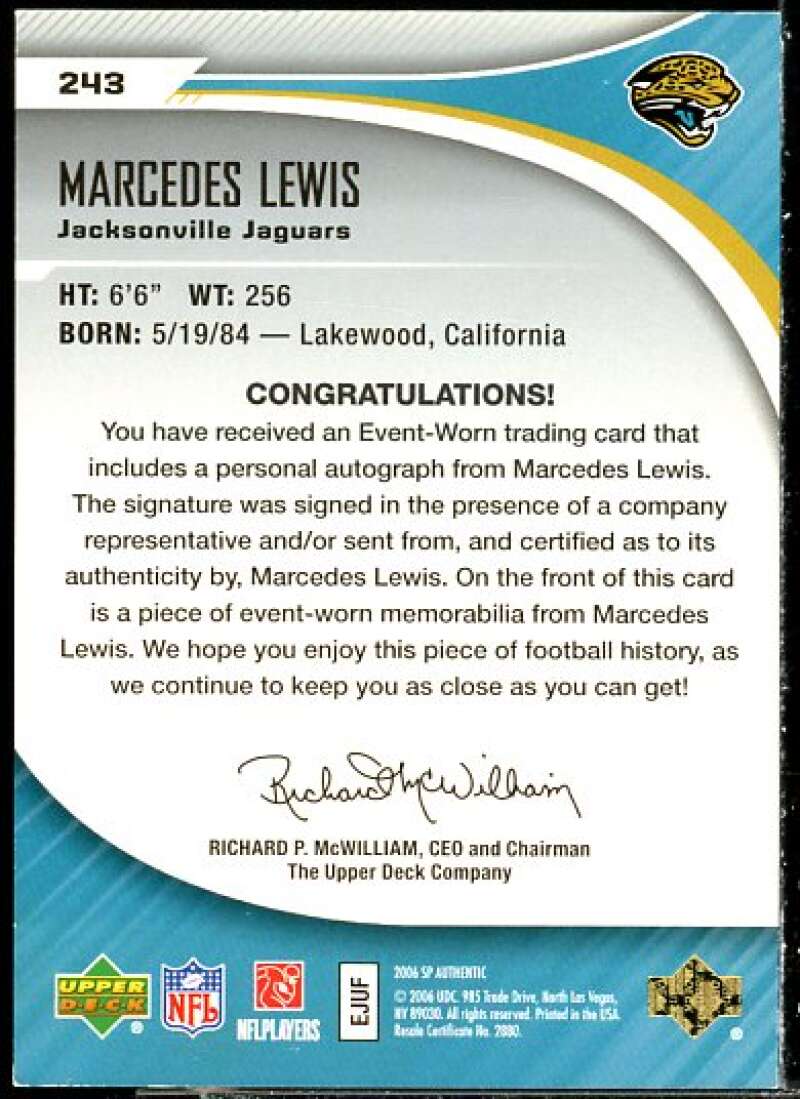 Marcedes Lewis JSY/999 AU Rookie Card 2006 SP Authentic #243  Image 2