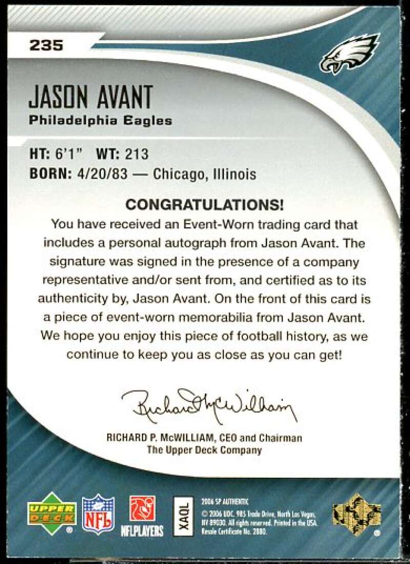 Jason Avant JSY/999 AU Rookie Card 2006 SP Authentic #235  Image 2