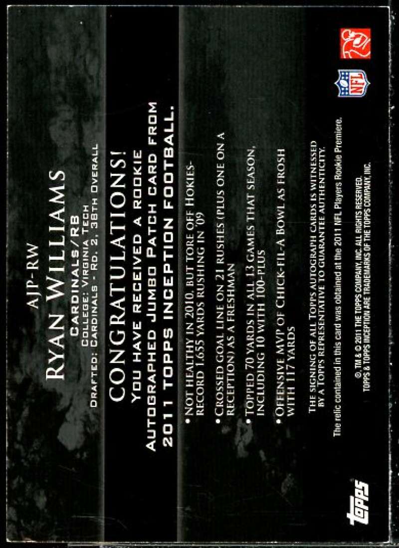 Ryan Williams 2011 Topps Inception Rookie Jumbo Patch Autographs Gray #AJPRW  Image 2