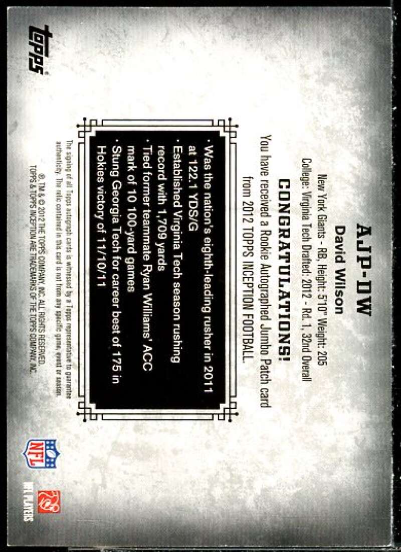 David Wilson Card 2012 Topps Inception Rookie Jumbo Patch Autographs Red #AJPDW  Image 2