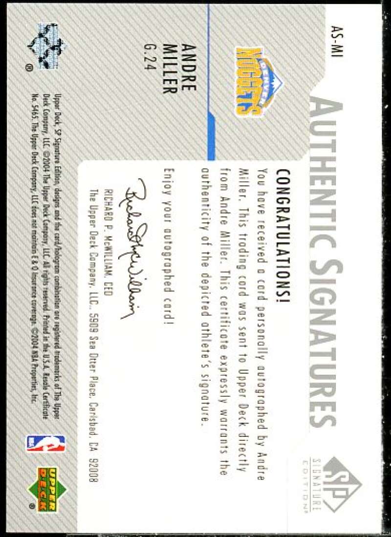 Andre Miller Card 2003-04 SP Signature Edition Signatures #MI  Image 2