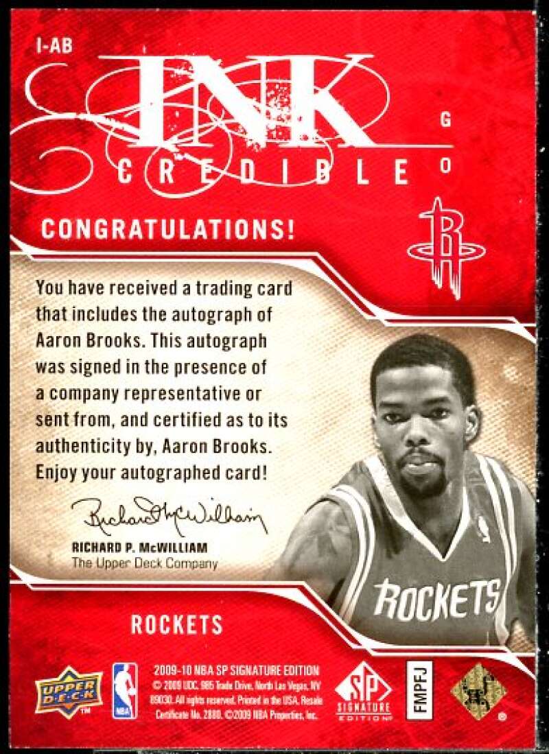 Aaron Brooks Card 2009-10 SP Signature Edition INKcredible #IAB  Image 2