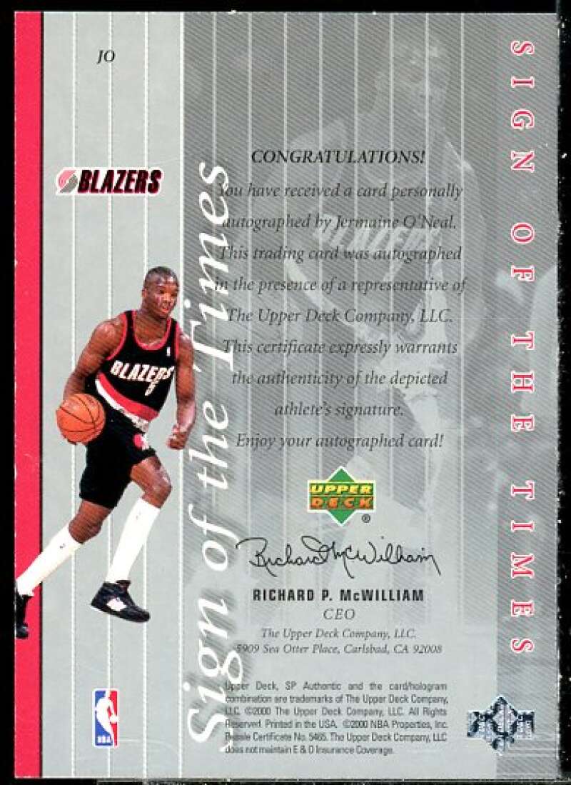 Jermaine O'Neal Card 1999-00 SP Authentic Sign of the Times #JO  Image 2