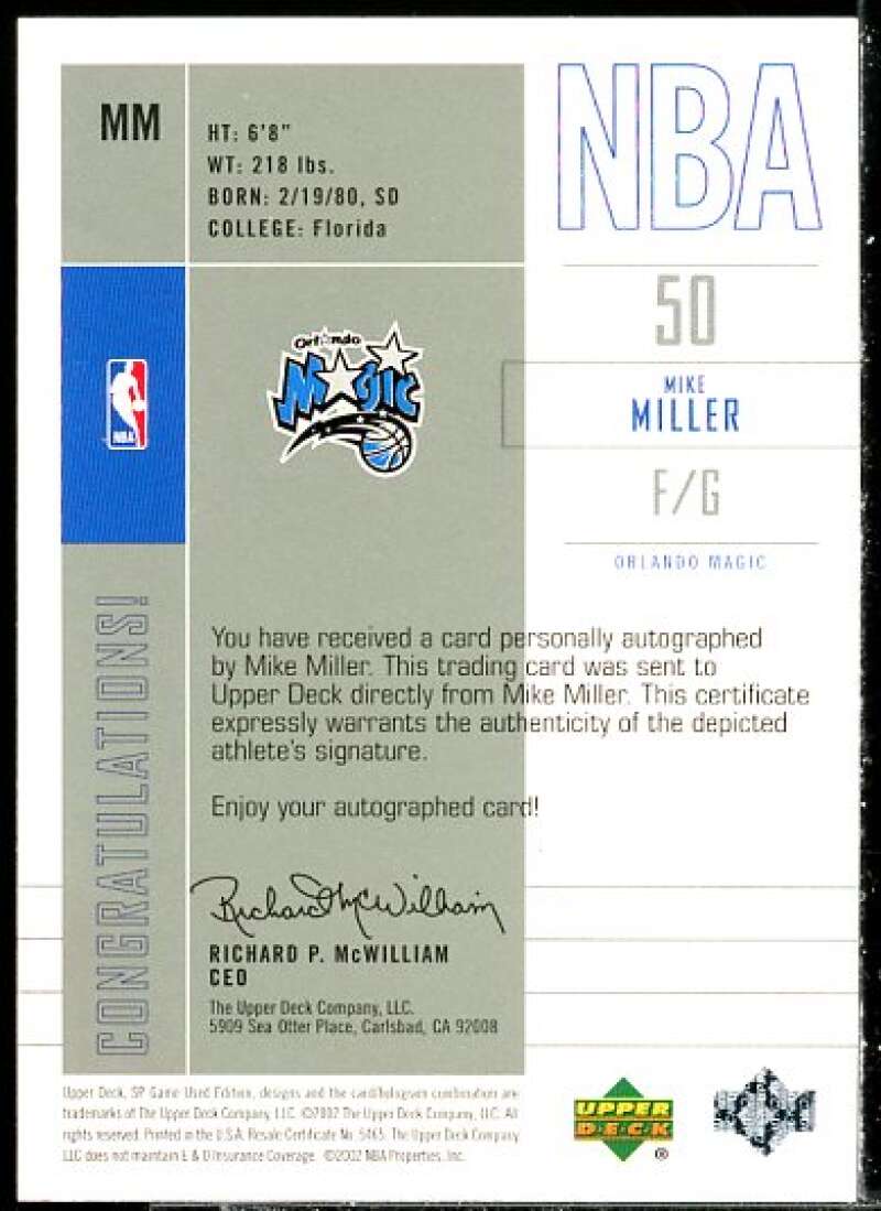 Mike Miller Card 2002-03 SP Game Used SIGnificance #MM  Image 2