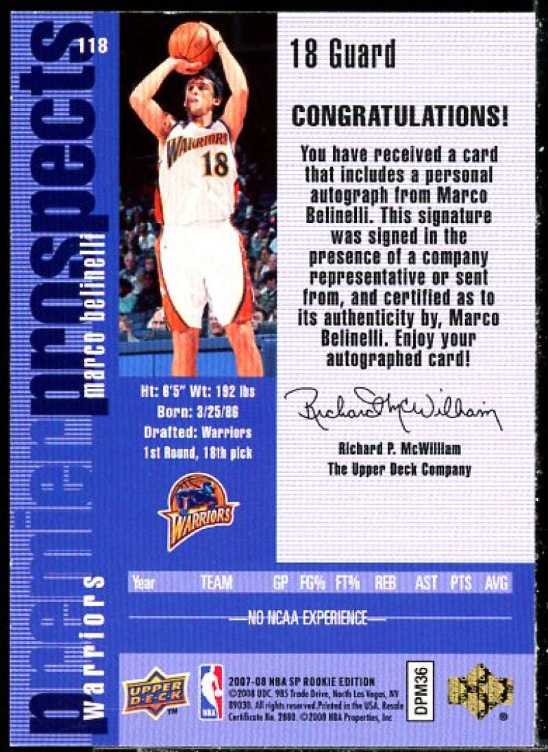 Marco Belinelli 2007-08 SP Rookie Edition 1996-97 SP Rookie Autographs #118  Image 2